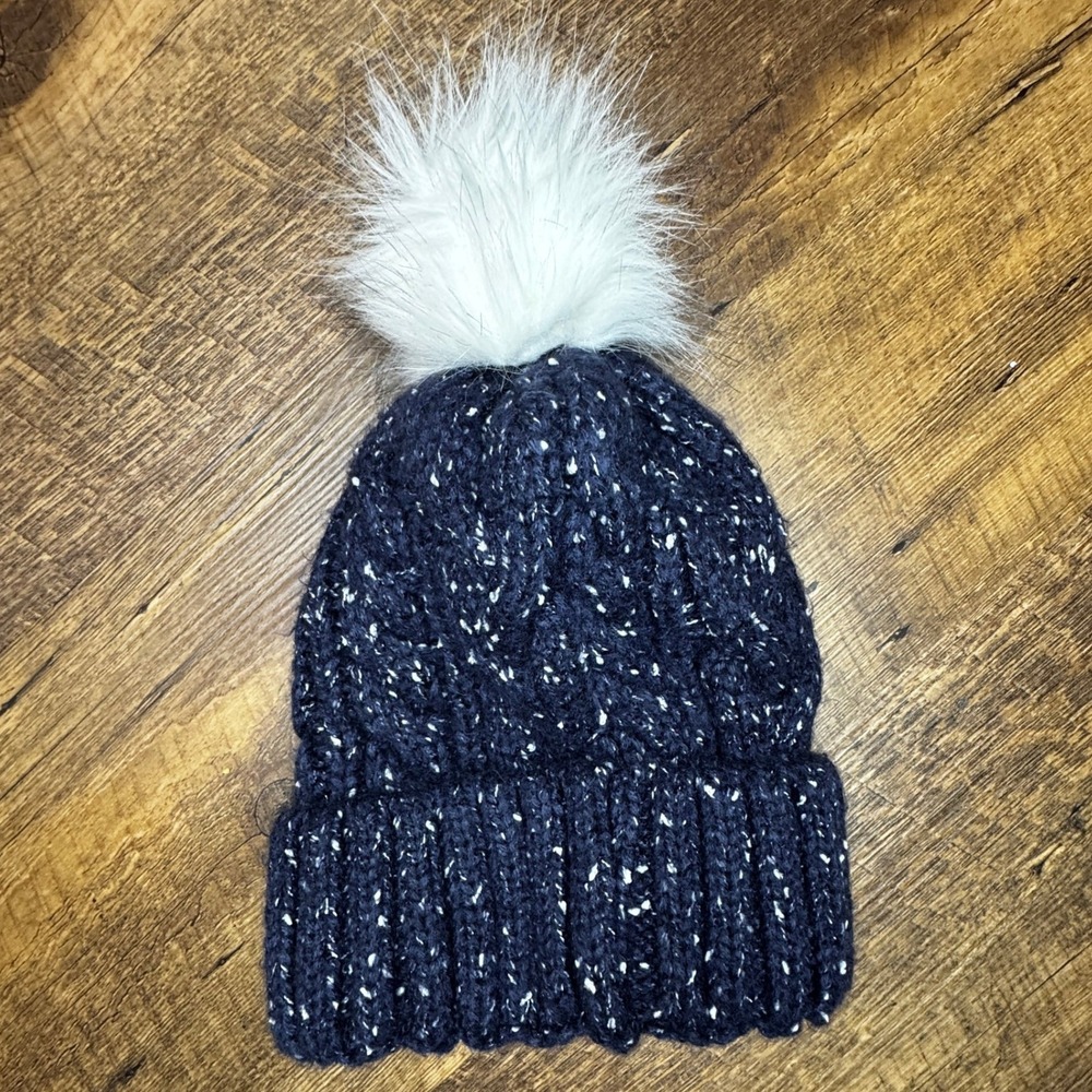 Navy Blue Marled Cable Knit Beanie Hat Womens Faux Fur Pom Pom Cuffed Cabincore